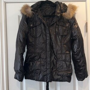 Black jacket, with fur hoodie from Italy size M, closer to size 6-8